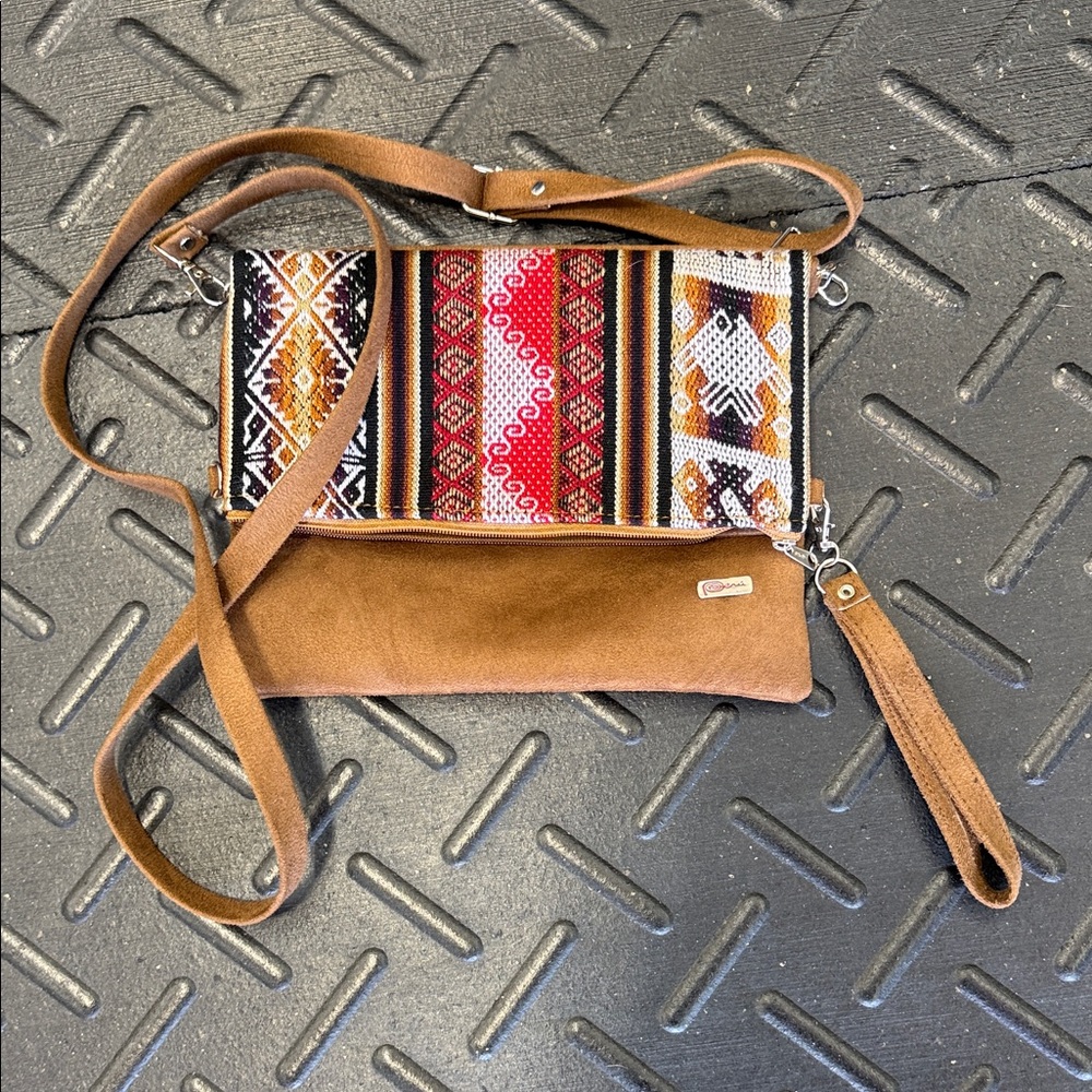 Boho Woven Panel Brown Crossbody Bag